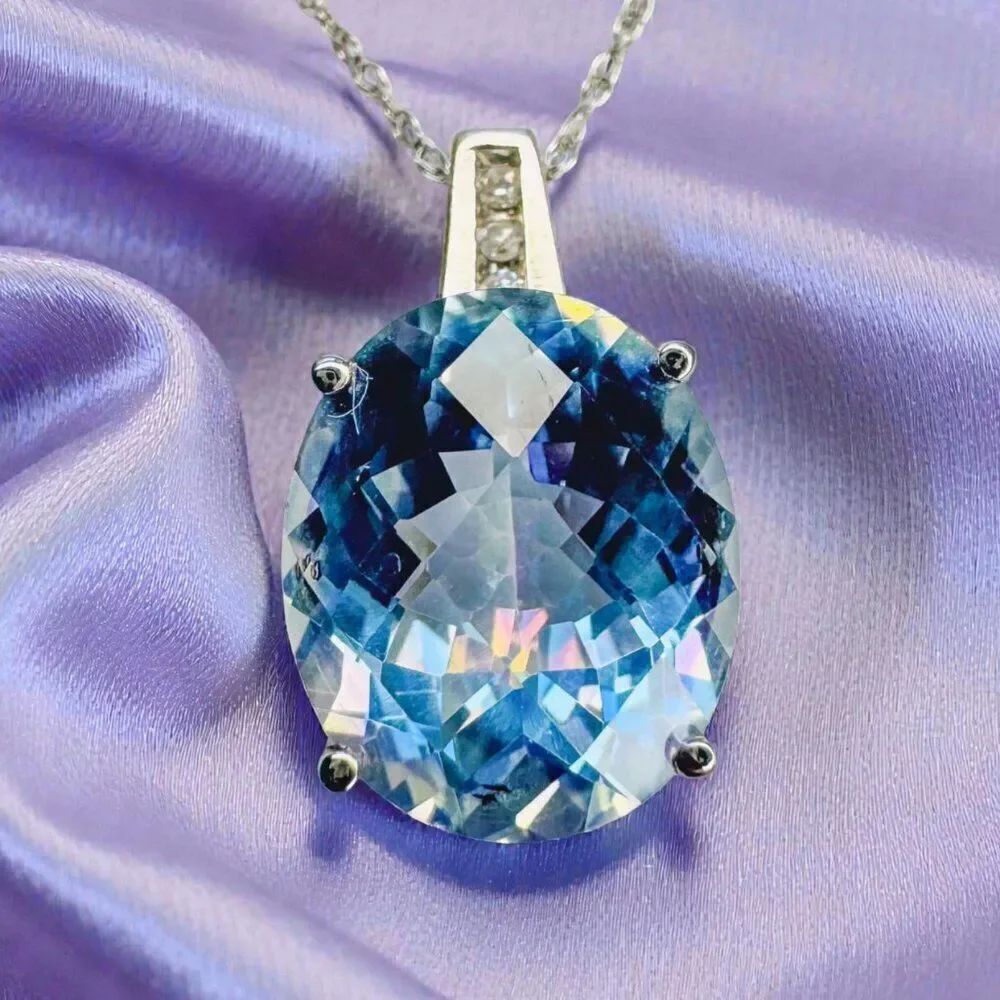 10K White Gold LARGE Mystic Topaz & Diamond Necklace -18"- 6CTTW -Rainbow -2.7g